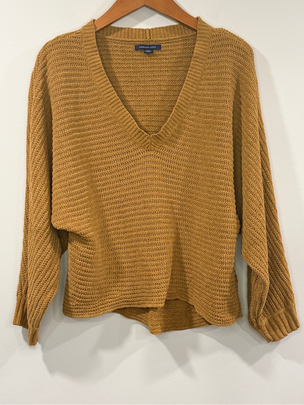 American Eagle Outfitters Womens Mustard Waffle-Knit V-Neck Sweater